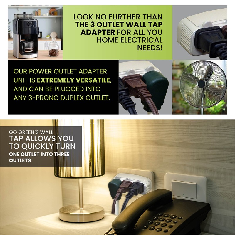 GoGreen Power (GG-13000TT) 3-Outlet Tri-Tap Adapter, 3-Outlet Wall Tap Adapter,