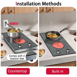 Karienvir Electric Cooktop 2 Burner, 2000W Dual-Ring Burner Electric Stove(1400W+600W), Kitchen Electric Cooktop with Knob, 9 Power Levels, Built-in & Countertop Electric Stove Top