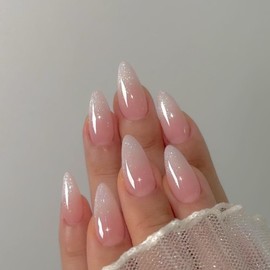 KQueenest Glitter French Press on Nails Medium Almond, Natural Ombre Pink Fake Nails Press On Luxury, Sparkling Gradient Pink Acrylic Nails French Stick On Nails for Finger Decoration
