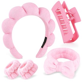 Zkptops Juego de 5 Diademas de Spa para Lavarse La Cara, con Esponja, Maquillaje, Cuidado de La Piel, Tela de Felpa, Diadema Suave con Burbujas, Pinzas para Cabello Grueso, Diadema Acolchada, Accesori