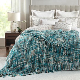 GINAMUSE Multi-Color Teal Cable Knitted Throw Blanket for Couch,50"X60" Boho Style Textured Blankets for Home Decor,Super Soft Warm Cozy Chunky Knit Blanket with Decorative Tassels for Bed and Sofa