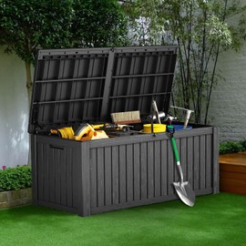 ROCKBIRDS 120-Gallon Outdoor Deck Box – Waterproof Patio Storage Bin with Lockable Lid, UV-Resistant Resin – Multi-Functional Bench & Table Design for Backyard, Poolside, All-Weather Use, Black