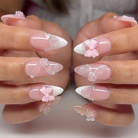 Handmade Press on Nails Medium Almond MABKJLF White French Tip Pink Fake Nails False Nails with Designs Rose Butterfly Bow Charm Pearls Glossy Glue on Nails Acrylic Nails for Women Girls 24Pcs