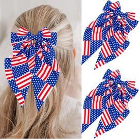 2PCS 4th of July Hair Bows for Women Girls Patriotic American Flag Hair Bows Clips with Long Tail Large Nonslip Alligator Hair Pins Independence Day Red White and Blue Vintage French Hair Accessories