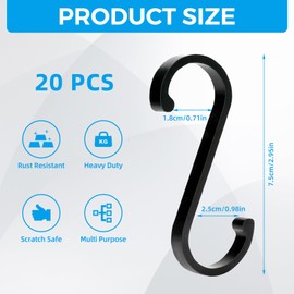 MIHURO S Hooks 20 Pcs Hooks for Hanging,S Shaped Heavy Duty S Hook,Rust Resistant,Aluminum S-Hook for Kitchen Bathroom Bedroom Office Garden Garage(Black)