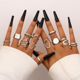 FAXHION 12PCS Silver Stackable Rings Set for Women, 18K Gold Plated Open Stacking Knuckle Ring, Adjustable Chunky Signet Rings for Gift