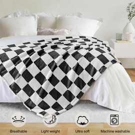 Exclusivo Mezcla Checkered Throw Blanket, Super Soft and Warm Fluffy Fleece Blanket for Couch, Sofa, Bed, Cute Plaid Pattern, Black, 127x152 CM