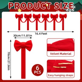 Civaner 16.4 ft Christmas Velvet Bows Garland with 6 Pcs 27.5 Inch Velvet Bows for Stairs Railing Fireplace Mantle Front Door Home Decor Xmas Garland Outdoor Indoor Decorations(Red)