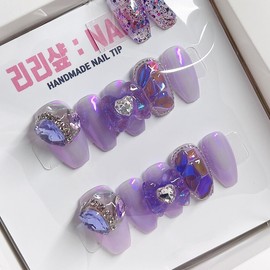 Purple Glass Bead Handmade Nail Tips - Stiletto / 보랏빛 유리알 수제네일팁 - 스텔레토