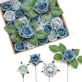 Ling's Moment Artificial Rose Buds and Petite Roses w/Stem Pack of 24 for DIY Wedding Bouquets Centerpieces Decorations Boutonniere Corsages (Dusty Blue Shades)
