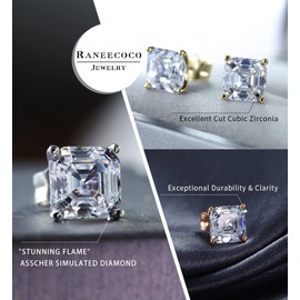 "STUNNING FLAME "18K Rose Gold Plated Sterling Silver Asscher Cut Cubic Zirconia Stud Earrings for men women(r,7 * 7)