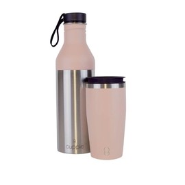 Cupple: Cup + Bottle - Stainless Steel - Cold and Hot Drinks - Leak Proof - Fits Cup Holders - Integrated Coffee Cup - Black Pepper (Blush Pink)