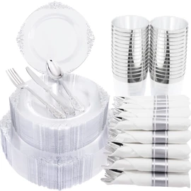 Morejoy 350PCS Clear Silver Plastic Plates - Silver Disposable Plates Include 50 Dinner Plates,50 Salad Plates,50 Forks,50 Knives, 50 Spoons，50 Cups, 50 Rolled Napkins for Wedding & Party