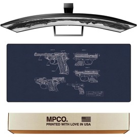 MPCO. Blueprints Large Gaming Desk Pad - 36" x 17" Duraglyde Fabric Pistol 38 – Blue Desk Mats - Non-Slip, Washable, Smooth Glide for Precision Gaming & Work