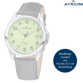 Atrium Mens Watch Super Clear Silver Luminous Hands Luminous Leaf Date Quartz 10 Bar Leather Strap A16-12, light green, Strap.