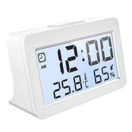 BEILIWEN Digital Alarm Clock with Temperature with Humidity Office Desk Thermometer-hygrometer Bedside LED Alarm Clock Mini Digital Indoor Thermometer for Office desk, elder room (White)