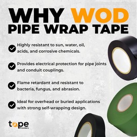 WOD SPPWTB10 Heavy Duty SPVC Black Pipe Wrap Tape 3/4 inch x 100 Feet (10-Mil) All Weather Corrosion Protection Easy-Wrap for Insulation and Protection of Electrical Wires Below or Above Ground