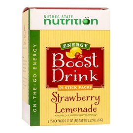Nutmeg State Nutrition - On The Go Caffeinated Energy Boost Drink, Low Calorie, Zero Sugar, 21 Stick Packs Per Box (1 Box, Strawberry Lemonade)