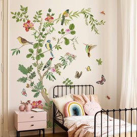 Runtoo Large Tree Branch Wall Decal Vintage Floral Plants Birds Wall Art Stickers for Bathroom Living Room Bedroom Nursery Decor
