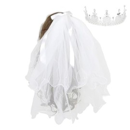 LADYGG Wedding Veil White Pearl Bow Wedding Hair Clip Tulle Bridal Short Veils Bachelorette Party Hair Accessories,Comes with a small crown