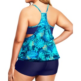 Holipick Blue Leaves Plus Size Tankini Swimsuit for Women Two Piece Tummy Control Bathing Suit Blouson Tankini Top with Shorts 20W
