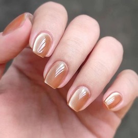 RUPOFUZA Short Square Press on Nails Simple Amber Cat Eye Fake Nails Acrylic False Nails Press ons Glossy Artificial Stick on Nail for Women Girls 24Pcs