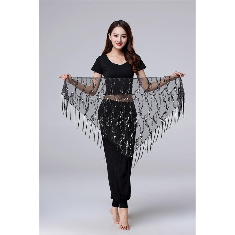 Women Belly Dance Hip Scarf, Sequin Tassels Triangle Tribal Wrap