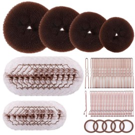 Donut Hair Bun Maker Set - 4 Rings (1 Extra-Large, 1 Large, 1 Medium, 1 Small), 20 Hair Nets(12inch, 24inch), 5 Elastic Bands, 40 Hair Pins, Dark Brown