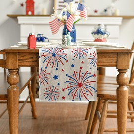 Artoid Mode Silver Fireworks Patriotic 4th of July Table Runner, Seasonal Kitchen Dining Table Decoration for Home Party Decor 13x72 Inch