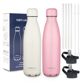 Insulated Water Bottle,2 Pack-17oz Stainless Steel Water Bottles with straw lid,Metal Sports Thermos Water Bottles for Boys,Girls,Double Wall Vacuum BPA-Free Flask for School, Sports(Pink-white)