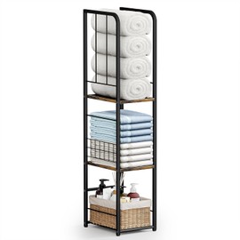 KIMBORA Narrow Towel Storage for Bathroom, 3-Tier Free Standing Bathroom Towel Rack Organizer with Shelf for Small Bath, Pool, Brown