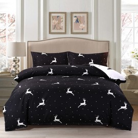 ZIQINPSQ Christmas Duvet Cover Set Christmas Deer Duvet Cover Comforter Cover Bedding Set for New Year Holidy Xmas Gifts (Black, Single)