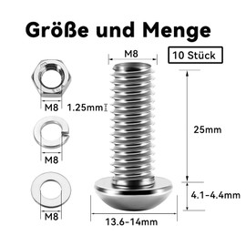 Dayalo Pack of 10 M8 x 25 Screws, Button Head Bolts, Nuts and Washers Assortment Kit, Stainless Steel A2 V2A, Hexagon Socket, Fully Threaded, with Skant Wrench