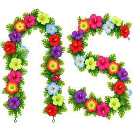 2 Pcs Tropical Hibiscus Flower Garland, 7 FT Artificial Monstera Ivy