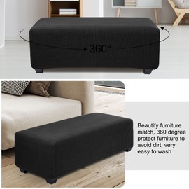 PiccoCasa High Stretch Ottoman Cover with Elastic Bottom, Soft Slipcover Jacquard Fabric Small Checks Rectangle Storage Stool Cover Furniture Covers Black Large