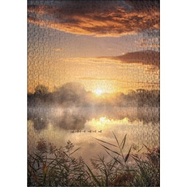 Ulmer Puzzleschmiede - Puzzle "Morgenstund" - Classic 1000 Piece Puzzle with Lake Motif - Atmospheric Lakes Landscape in the Morning with Duck Family in the Water - Puzzle Made in Germany