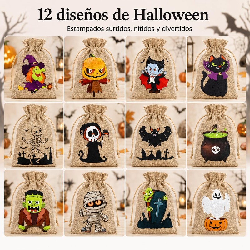 48 Bolsas de Arpillera para Halloween, 12 Diseños, Tamaño 10