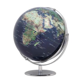 TROIKA Juri Globe Diameter 30 cm Globe Physical Map Topographic Display Dark Blue/Green, Chrome-Plated Metal Base, Soft Felt Base Movable Axis – in Pretty Box Ideal for Gifting