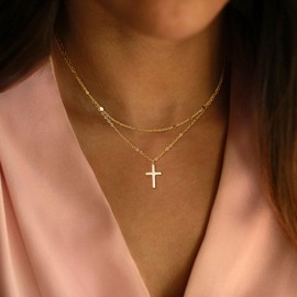 SUFOPE Cross Necklace for Women Silver Plated Chain Necklace Dainty Layered Cross Pendant Choker Necklace Simple Cute Silver Jewelry for Women Christmas Day Gifts