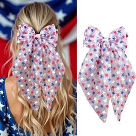 4th of July Hair Bows for Women, Red White Blue Star Large Ribbon Hair Clips Patriotic Big Ribbon Bow Satin Layered Hairpins Long Tail Hair Barrettes Independence Day Hair Accessories