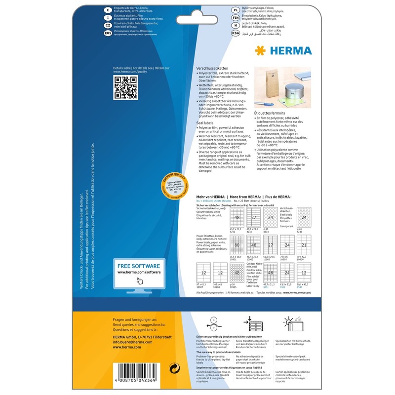 HERMA 4236 Verschlussetiketten transparent rund, 25 Blatt, Ø 40 mm,