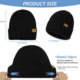 Grantop Classic Beanie Hat, Ladies Warm Slouch Knit Double Layer Winter Hat, Black Unisex Thermal Insulating Striped Pompom Beanie Hat for Men Women Kid