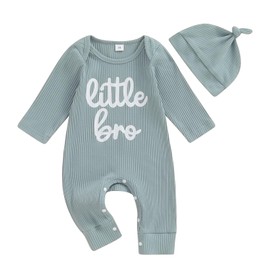 Newborn Baby Boy 2Pcs Outfit Clothes Long Sleeve Bodysuit Little Bro Letter Print Romper Waffle Knit Jumpsuit Hat Fall Winter Clothes (Blue, 3-6 Months)