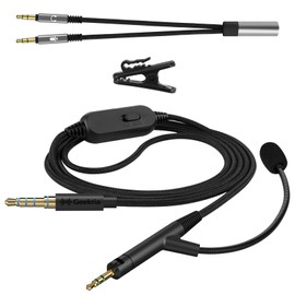 Geekria QuickFit Boom Mic Gaming Cable Compatible with ATH M50, M50X, M40X, M70X Headphone Cable, 2.5mm AUX Replacement Stereo Cable with Boom Microphone and Volume Control (Black 15cm)