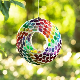Glitzhome Hanging Glass Bird Feeder, 8" D Round Multi-Color Birdfeeder for Outside Hanging, Mosaic Wild Bird Feeder for Garden, Yard, Backyard, Deck and Porch Decorations