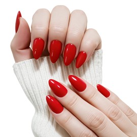 Yersunsy Short Almond Press On Nails, Durable Reusable Glossy Artificial Nails Kit with Adhesive Tabs, 24 Pcs 12 Sizes for Fashion Women, Perfect for for Daily Outfits, Party or Date, Red