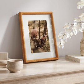 Fun Memories 8x10 Picture Frame, USA-Sourced Teak Wood Photo Frame with HD Tempered Glass, Handcrafted Rounded Corner 8 x 10 Wooden Frame Matted to 5x7 Photos, 8x10 frame, Tabletop or Wall Display