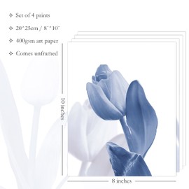 Blue Bathroom Wall Decor, Navy Flowers Wall Art Pictures for Bedroom|Office|Living Room Accessories, Elegant Tulips Prints for Salon SPA Wall Decoration, Set of 4, 8"x10", UNFRAMED