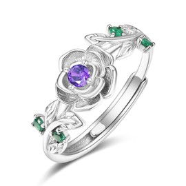 Rose Rings for Women Sterling Silver Adjustable February Birthstone Amethyst Ring Anniversary Valentines Day Mothers Day Jewellery Gifts