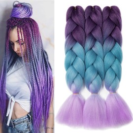 Dcbaboo Braids Extensions Synthetic Hair for Braiding 3 Pack 24 Inch Ombre Jumbo Braiding Hair Kanekalon Hair Extensions Braids Afro Box Braids Hair for Braids 300 g, Purple & Lake Blue & Light Purple